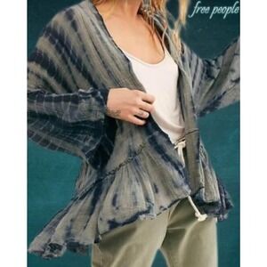 Free People Kimono‎ Tie Dye Grey Blue Green Bell Sleeve Ruffle Hem Top Boho Chic